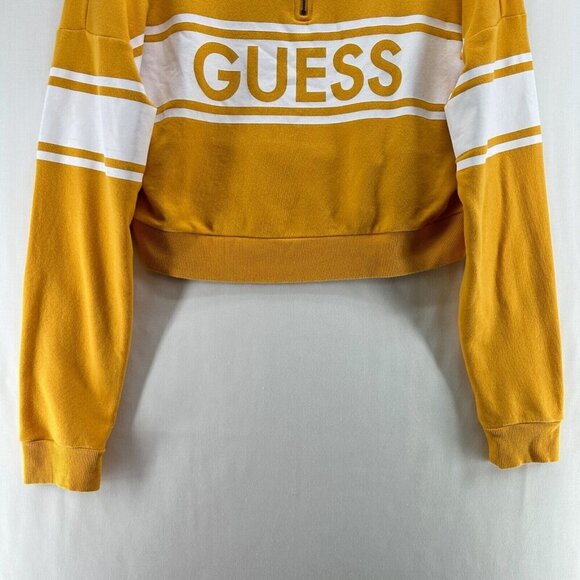 Guess Cropped Sweater Women Sz L Quarter Zip Spellout Pullover Activewear Yellow - Picture 4 of 12